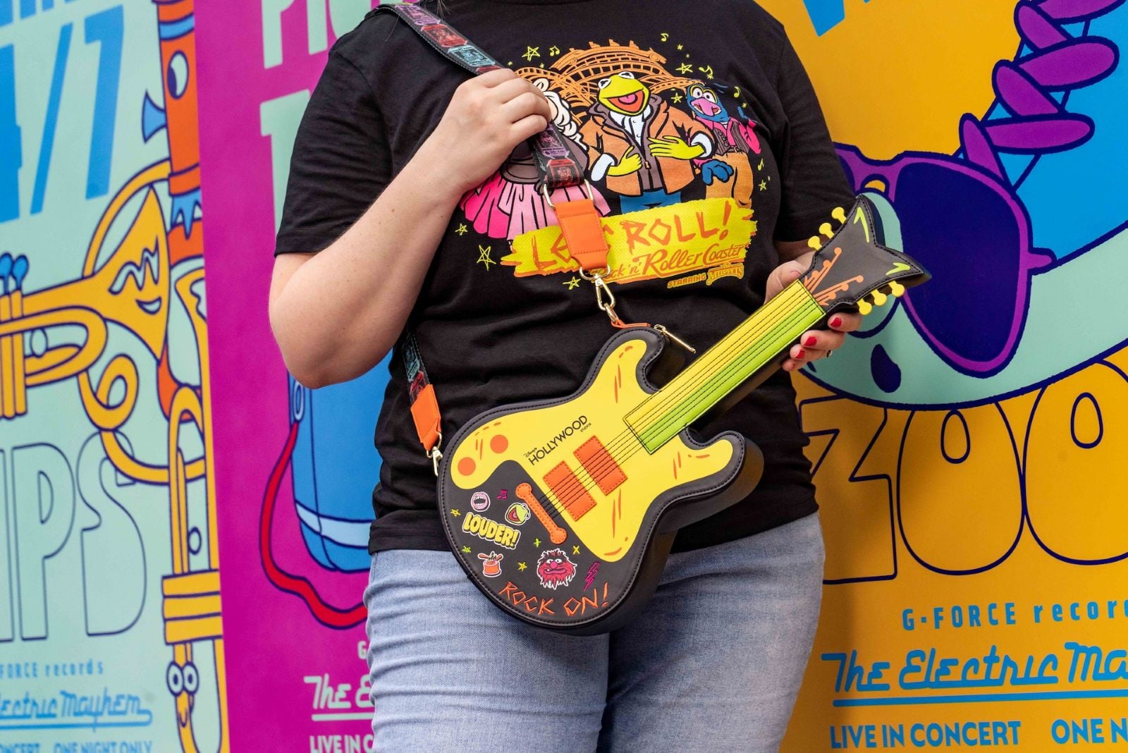 Guitar-shaped Loungefly bag inspired by Rock 'n' Roller Coaster featuring the Muppets