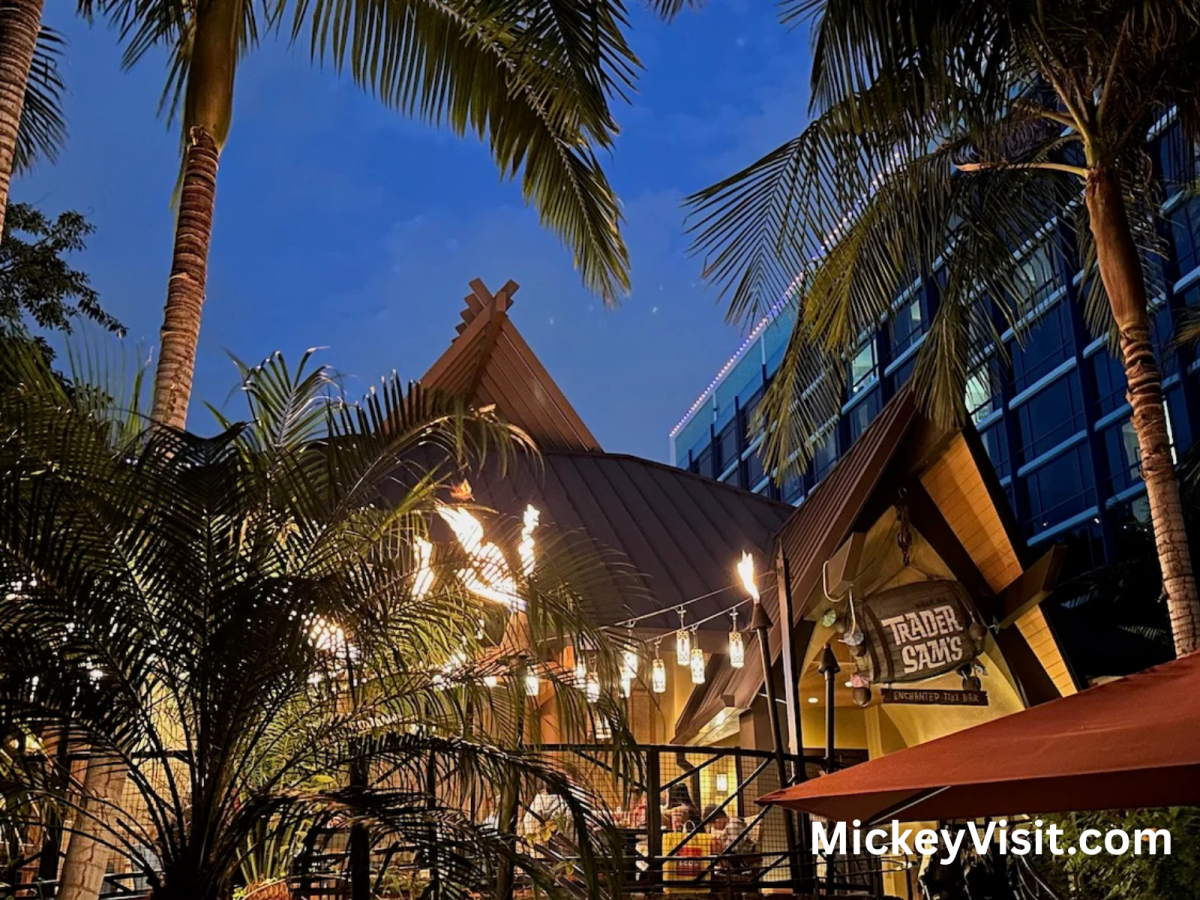 Exterior of Trader Sam's at nighttime