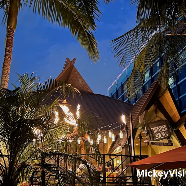 Exterior of Trader Sam's at nighttime