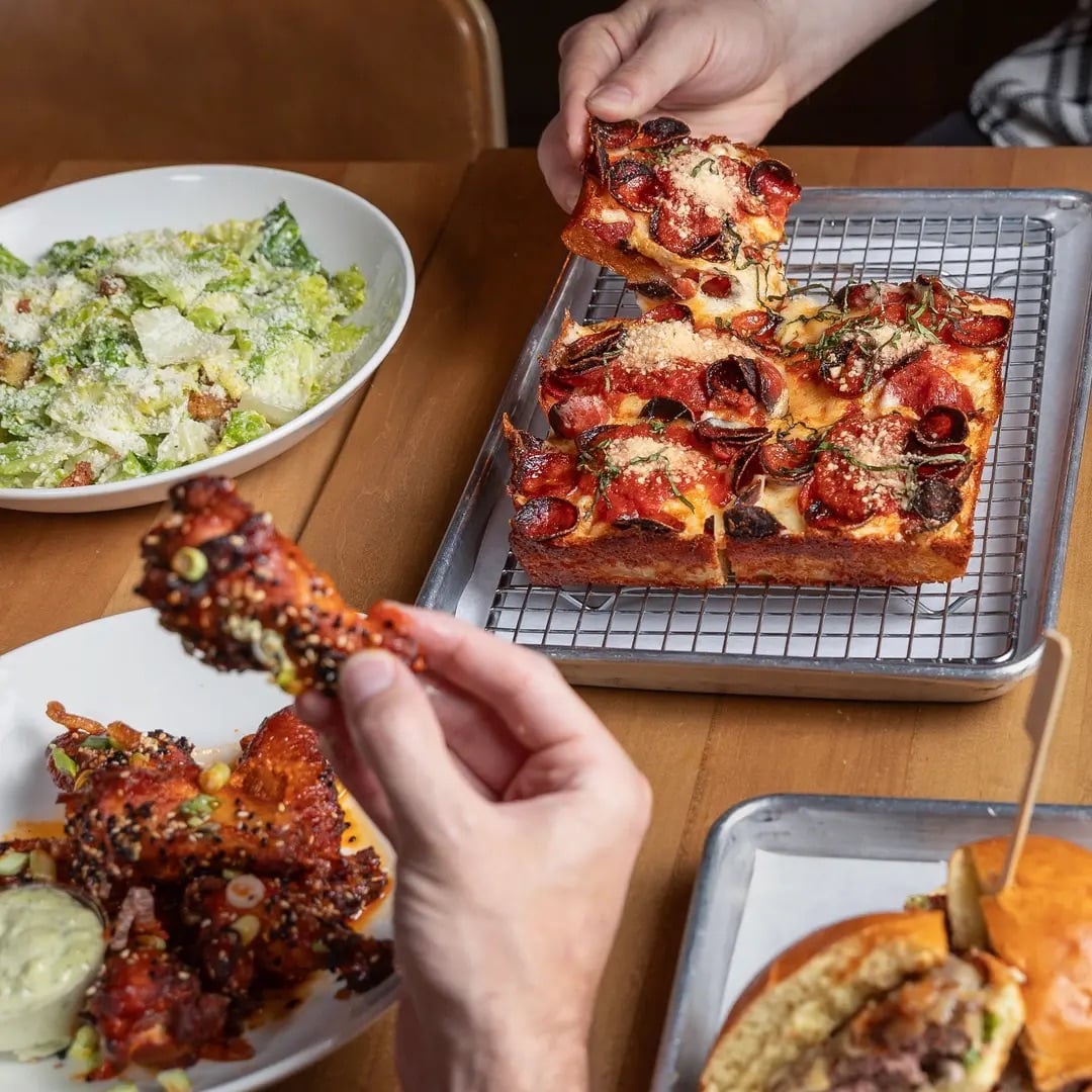 Pizza, wings, salad