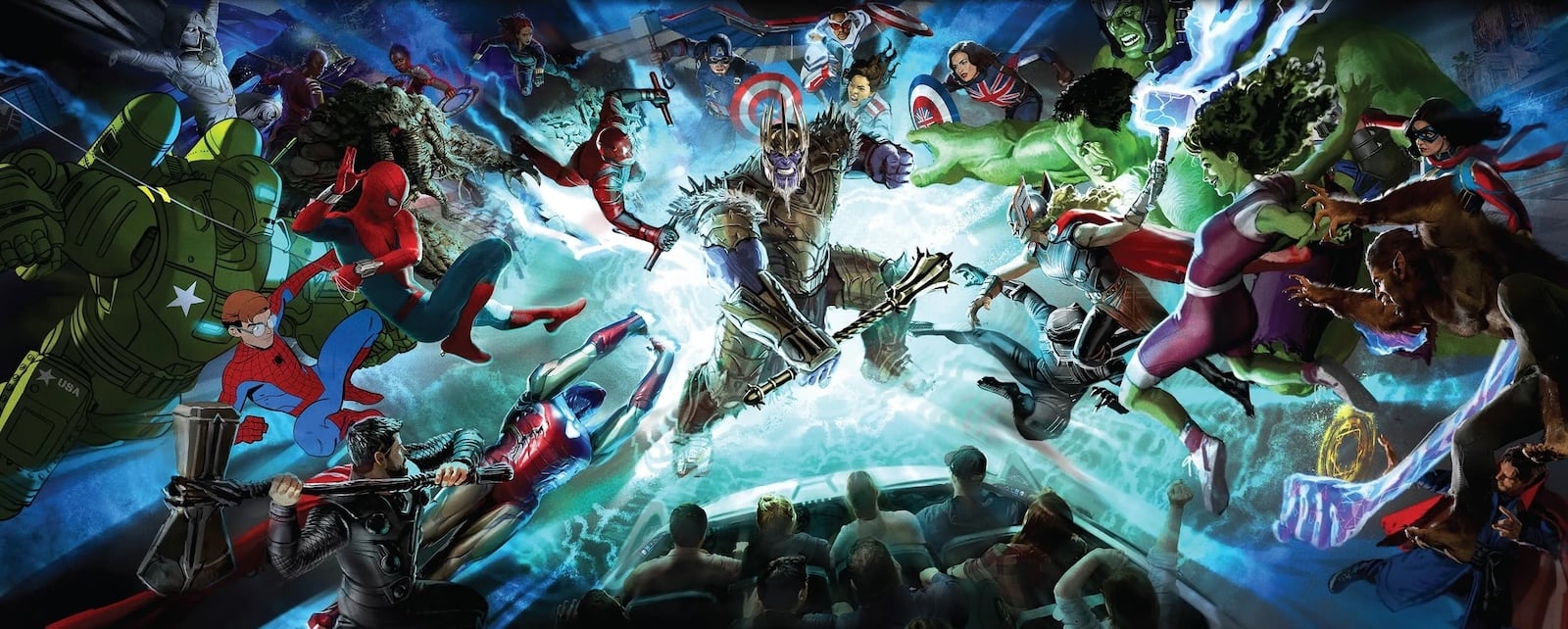 Marvel superheroes fighting King Thanos in Avengers Infinity Defense