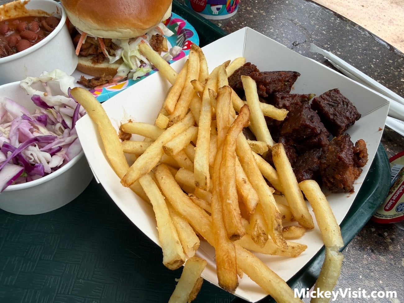 French fries, plant-based burnt ends
