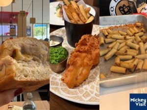 Sandwich, fish and chips, lumpia