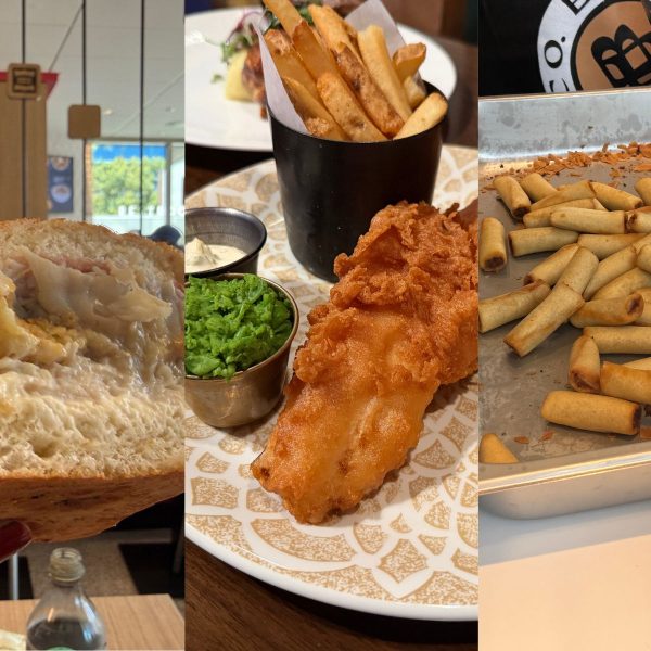Sandwich, fish and chips, lumpia