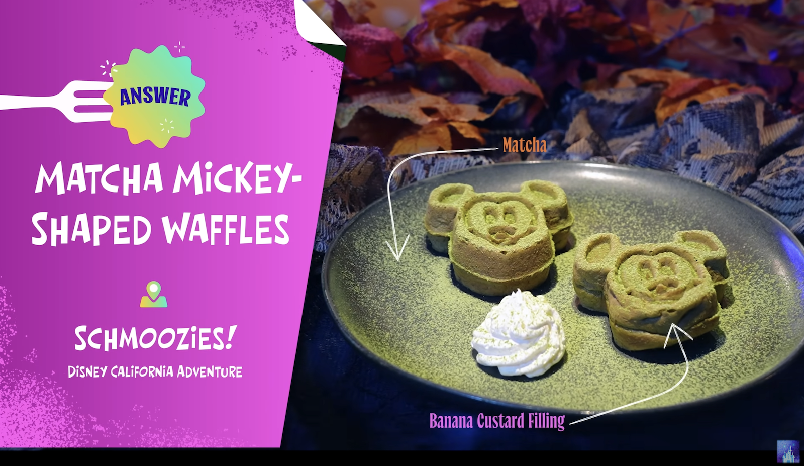 Matcha Mickey-shaped Waffles with matcha powder and banana custard filling