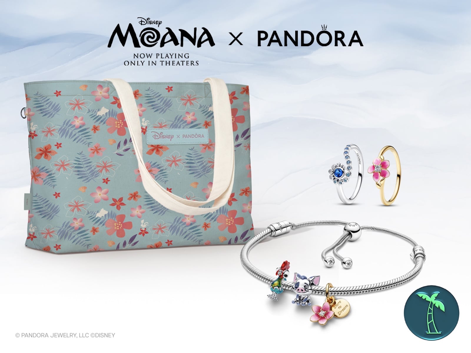 Moana x Pandora sweepstakes prize jewelry and tote
