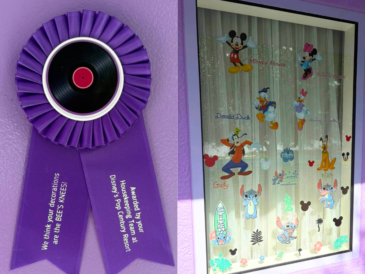 Purple ribbon decoration on door