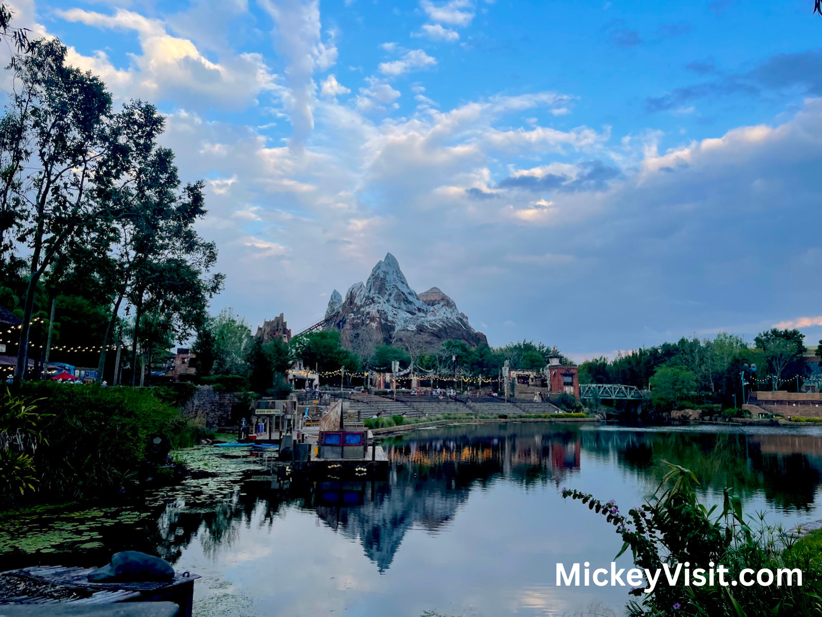 Expedition Everest from a distance with a lake