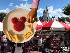 French fries in ketchup shaped like Mickey Mouse