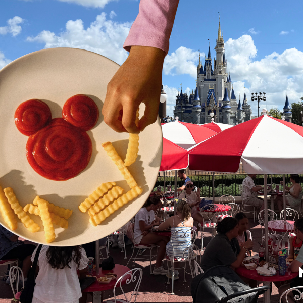 French fries in ketchup shaped like Mickey Mouse