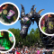 Maleficent dragon parade float surrounded by merchandise