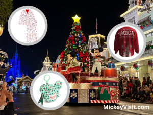 Disney World parade float with three circles featuring merchandise