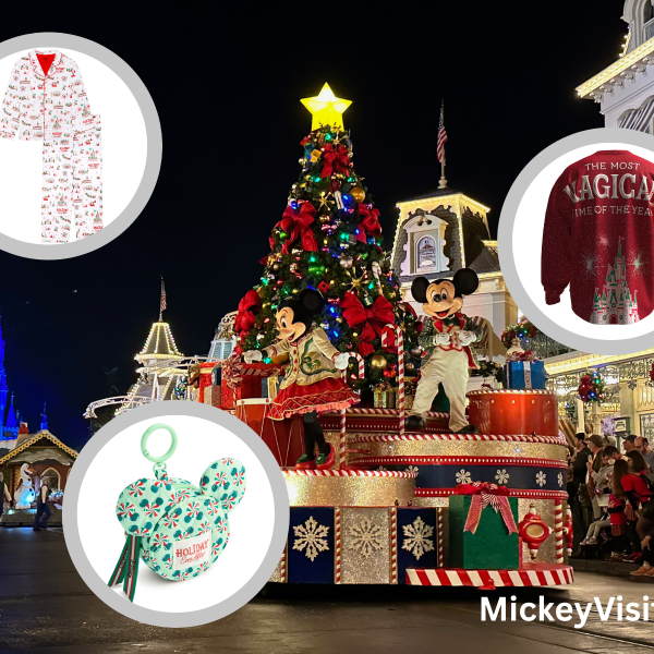Disney World parade float with three circles featuring merchandise