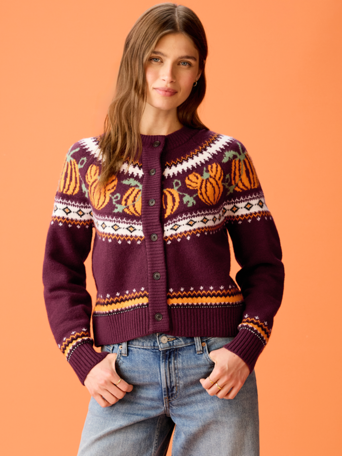 Burgundy cardigan with pumpkins