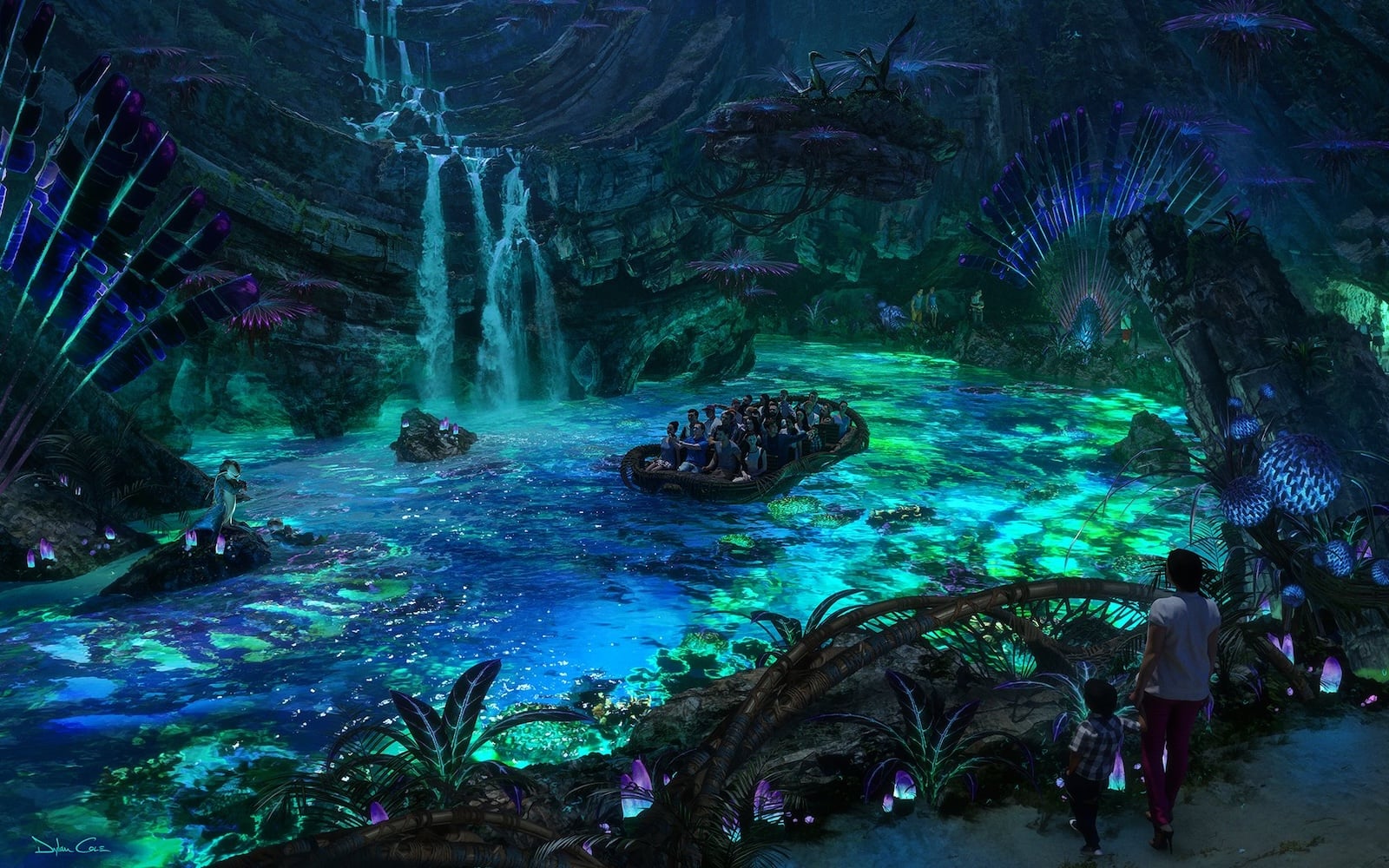 Boat ride at nighttime in glowing river