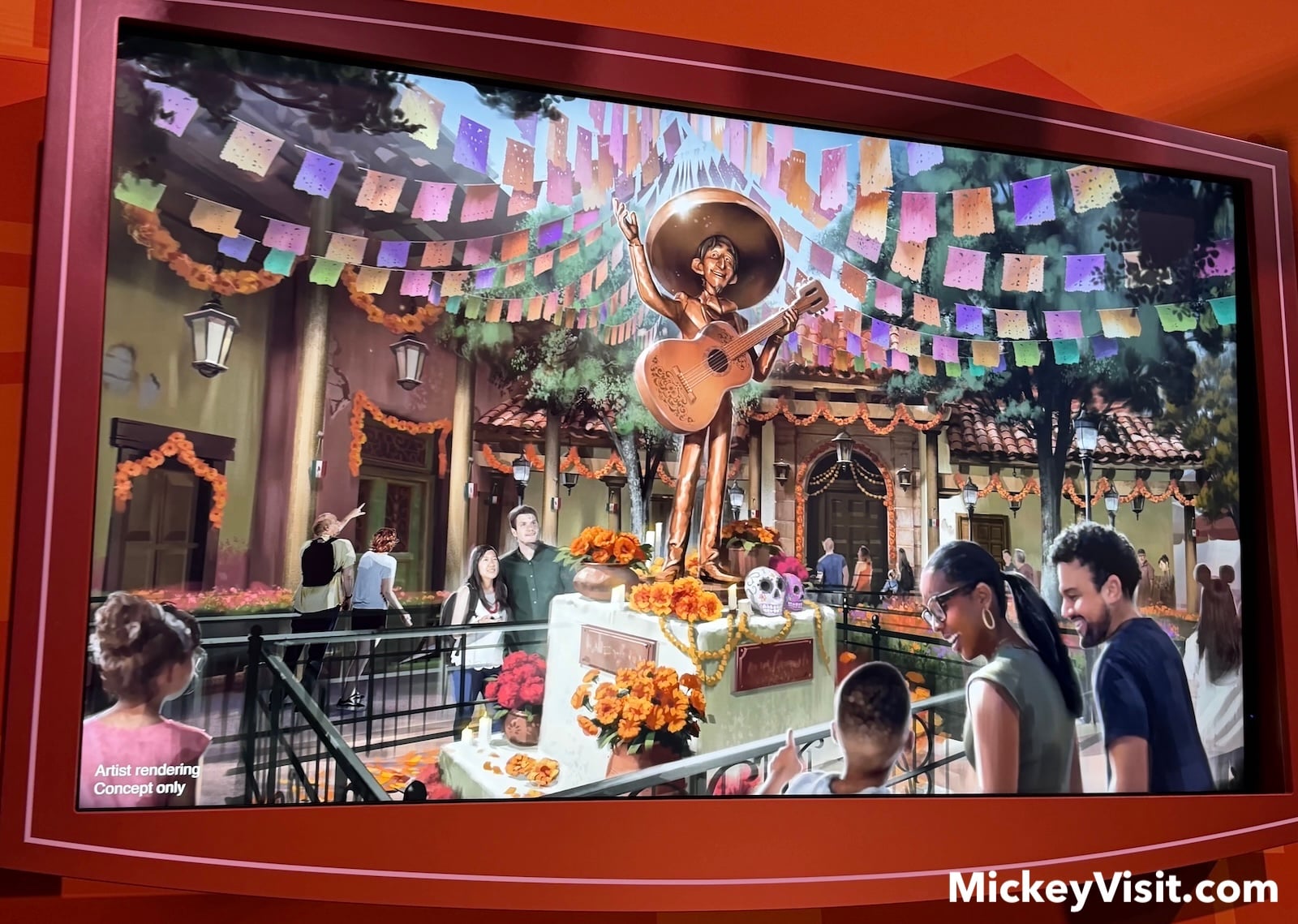 Héctor Rivera statue in Coco ride queue