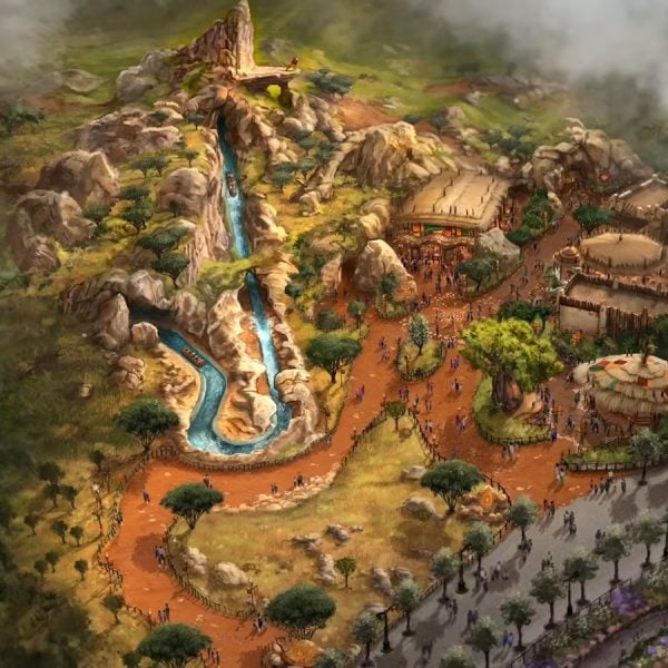 Lion King log ride concept art of Pride Rock