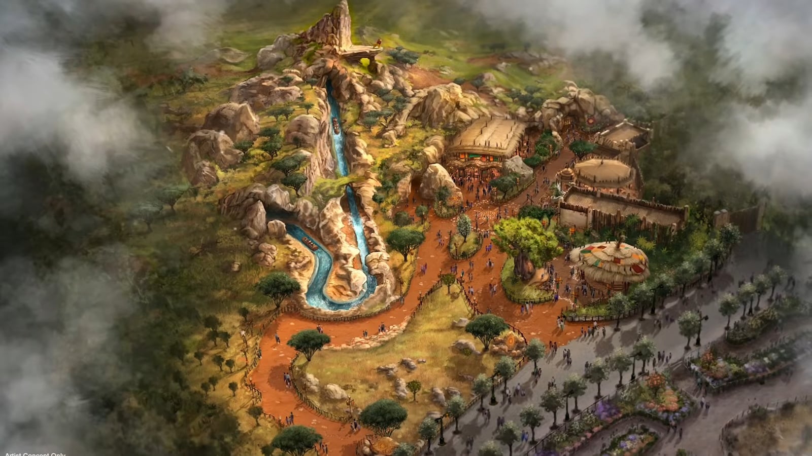Lion King log ride concept art of Pride Rock