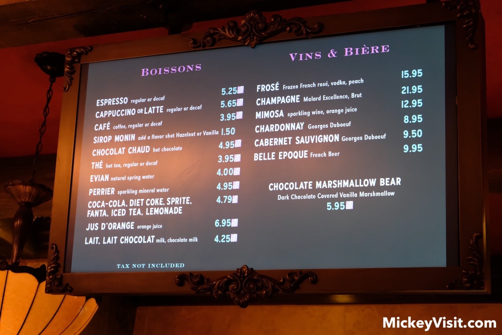 Menu with prices