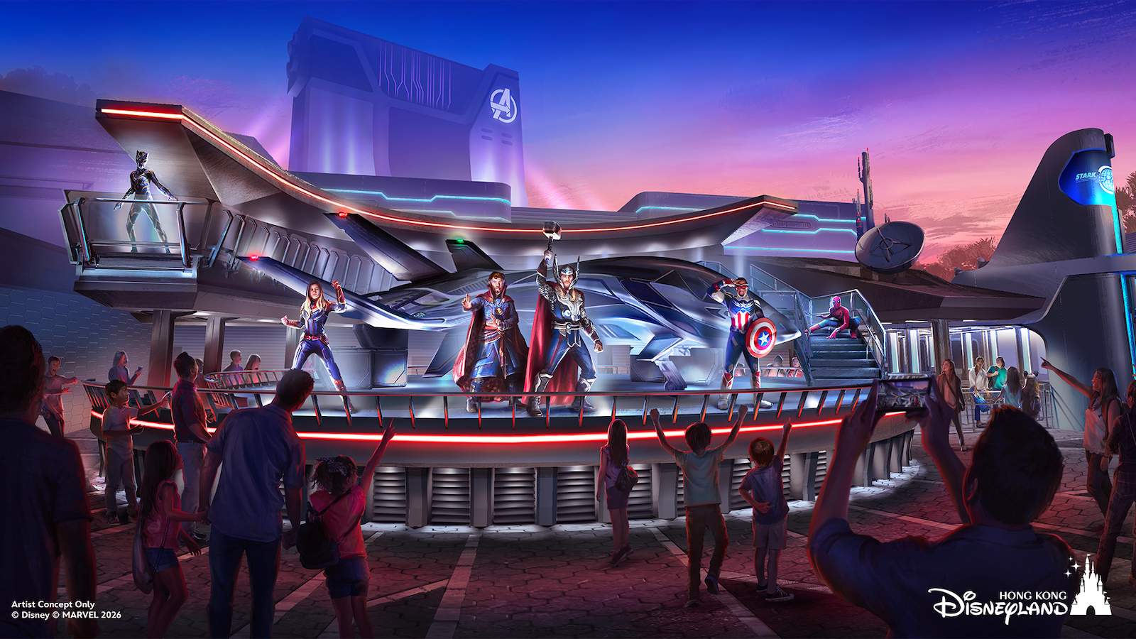 Avengers on stage in concept art