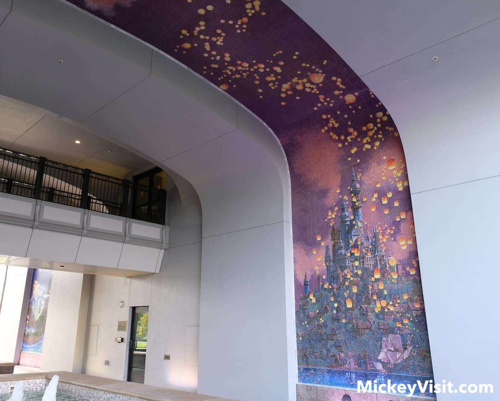 Tile mural of floating lanterns and castle from Tangled