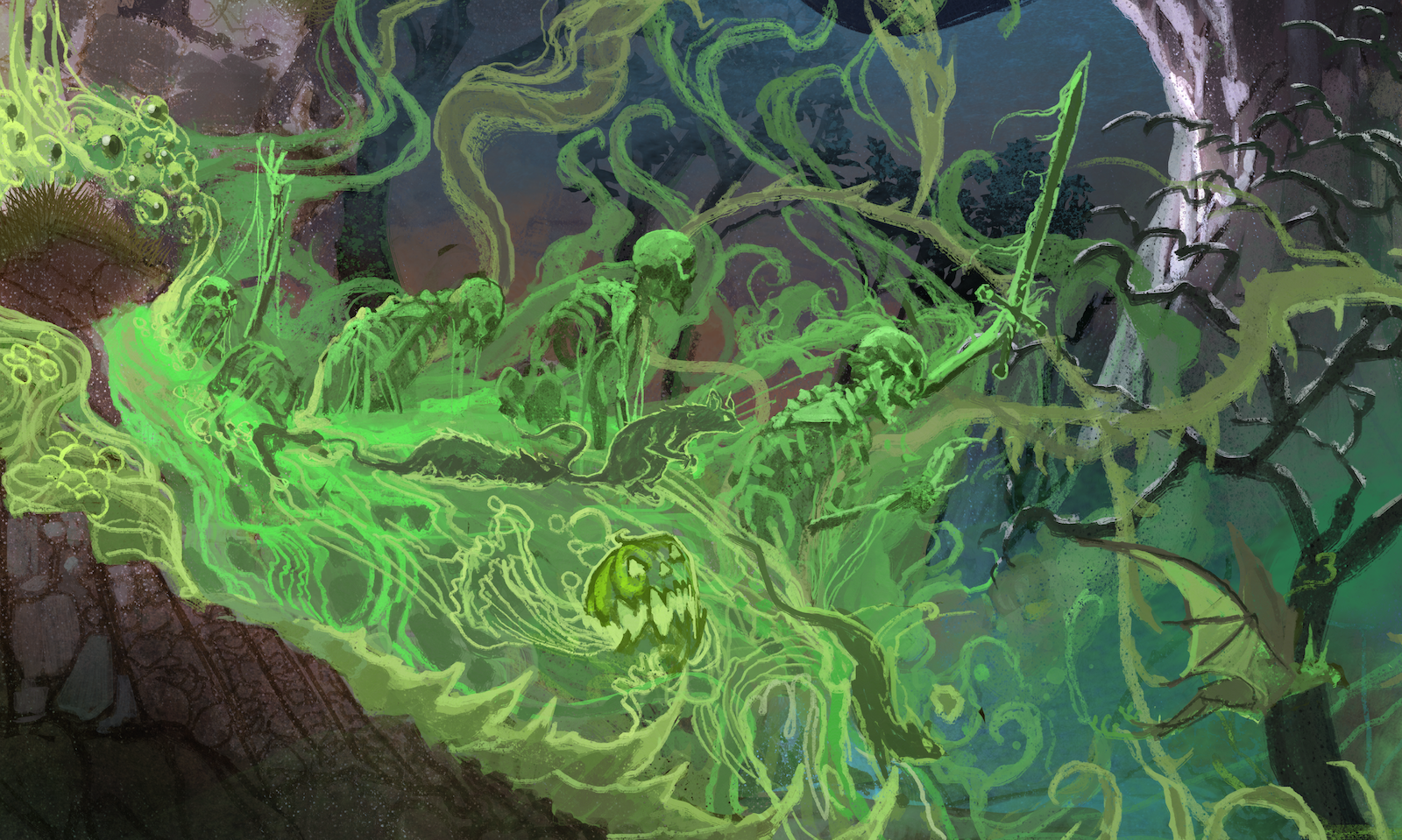 Skeletons, rats, eyeballs in green haze