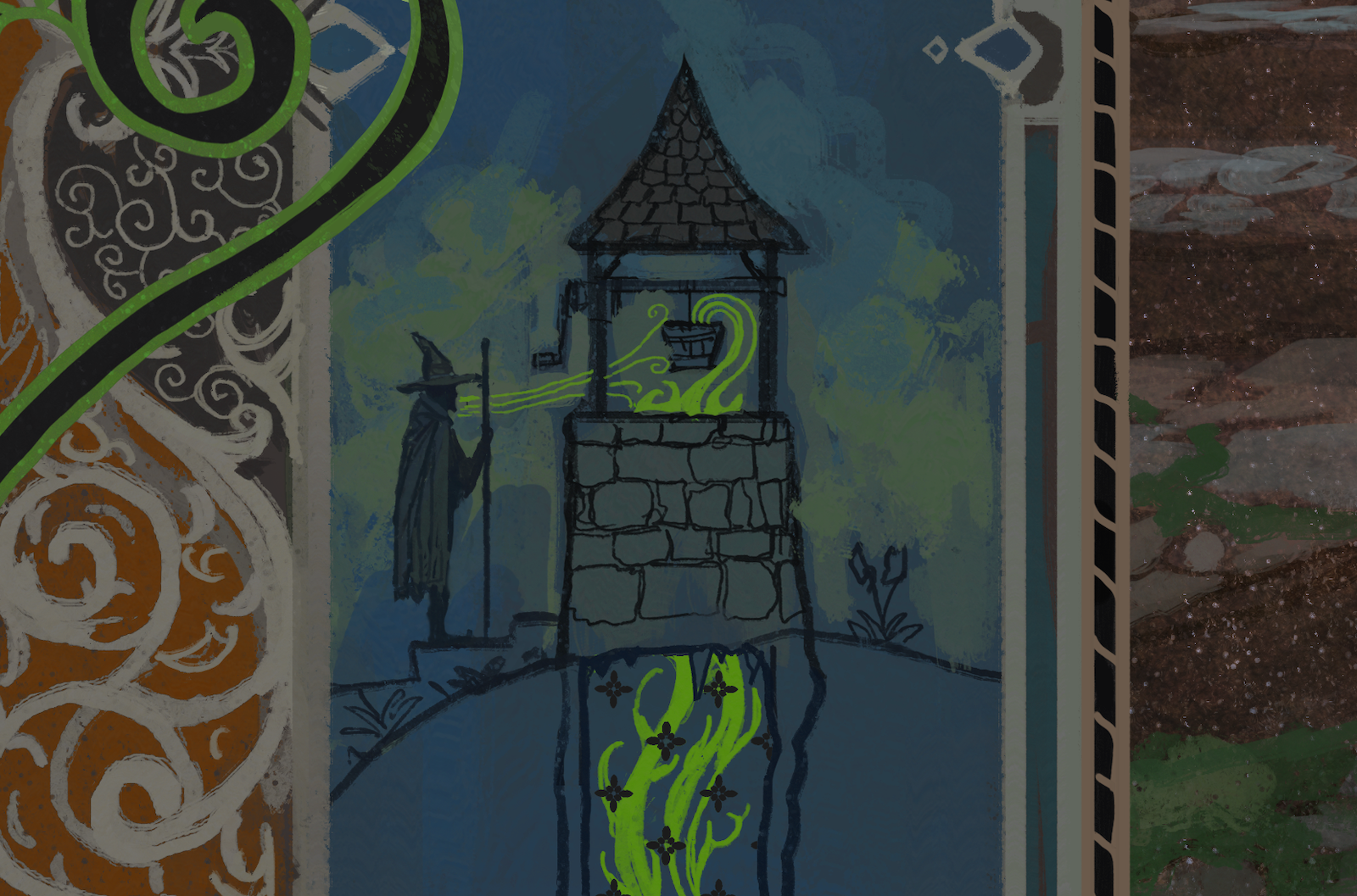 Wishing well with green fire