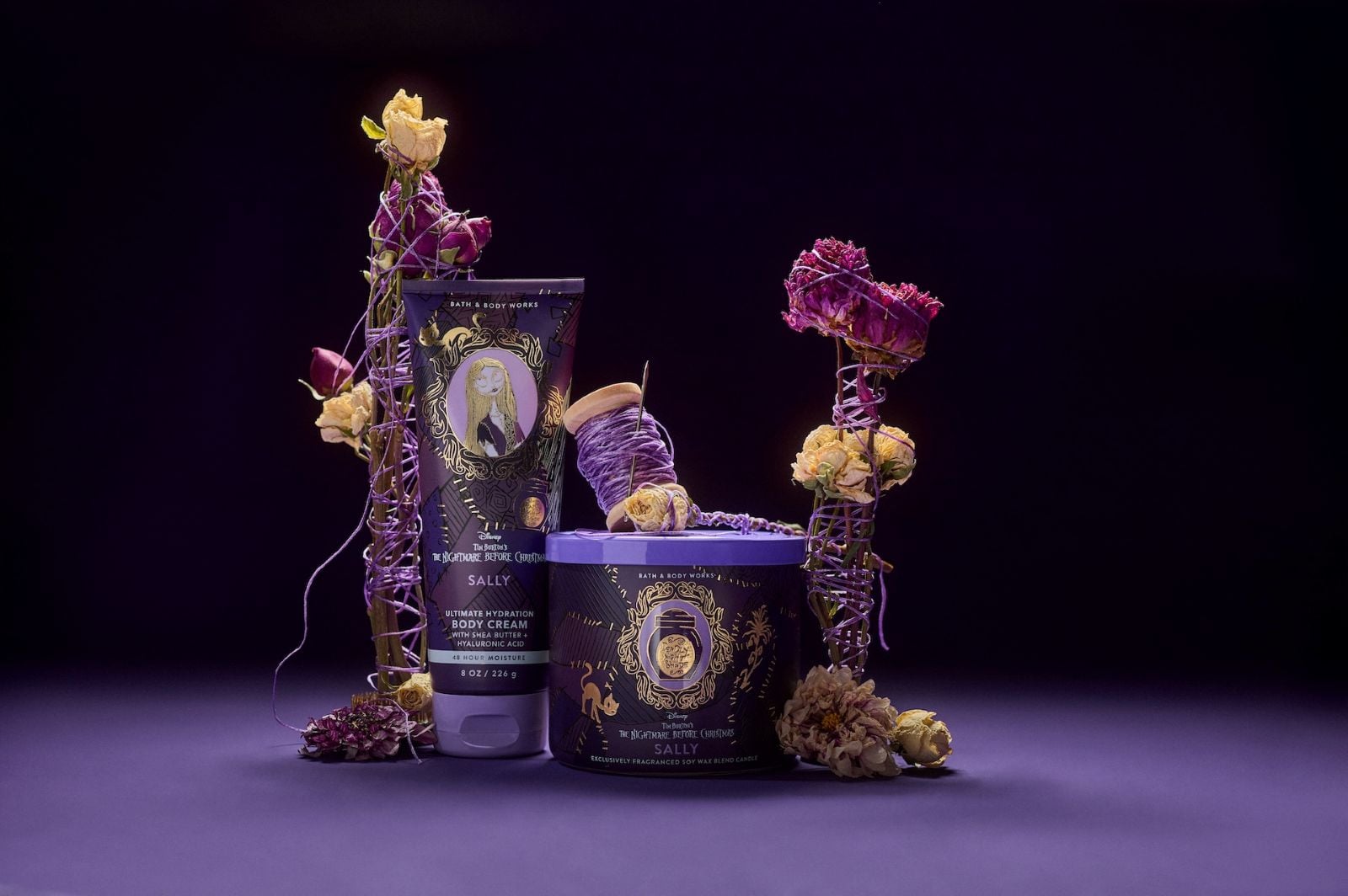 Purple candles and lotion based on Sally from The Nightmare Before Christmas
