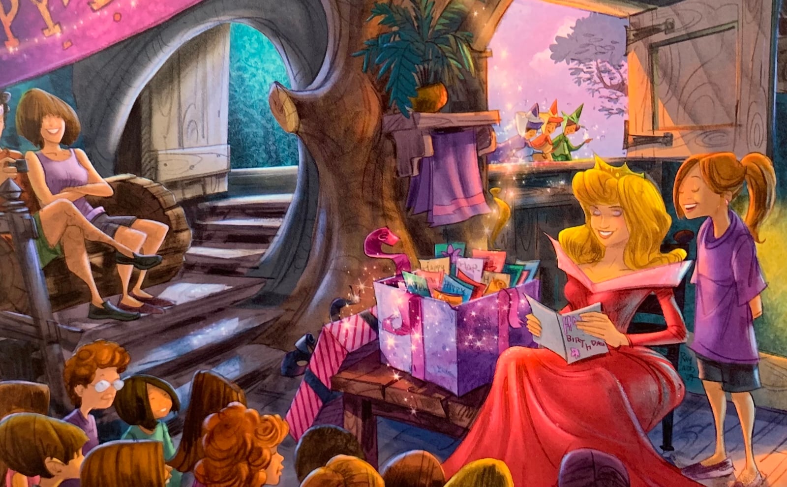 Artwork of kids giving cards to Princess Aurora