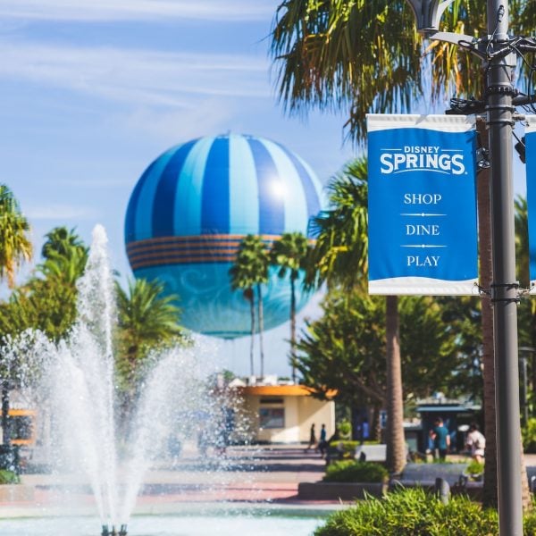 Blue hot air balloon and fountain