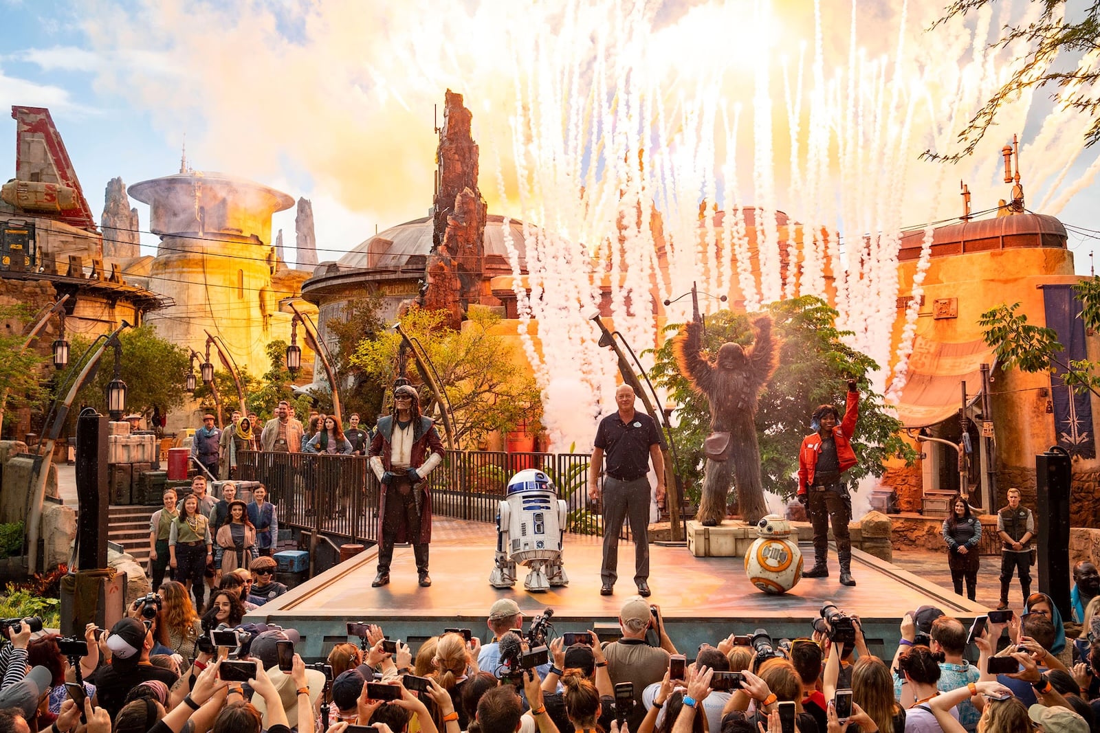 Bob Chapek with Star Wars characters and pyrotechnics