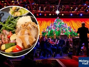 Choir in shape of Christmas tree - inset image of turkey and vegetables