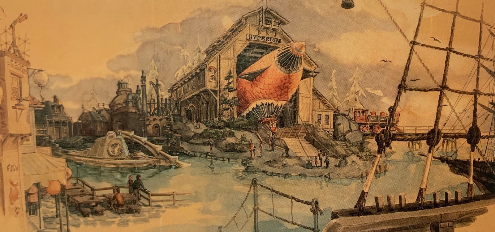 Drawing of large hangar with blimp inside