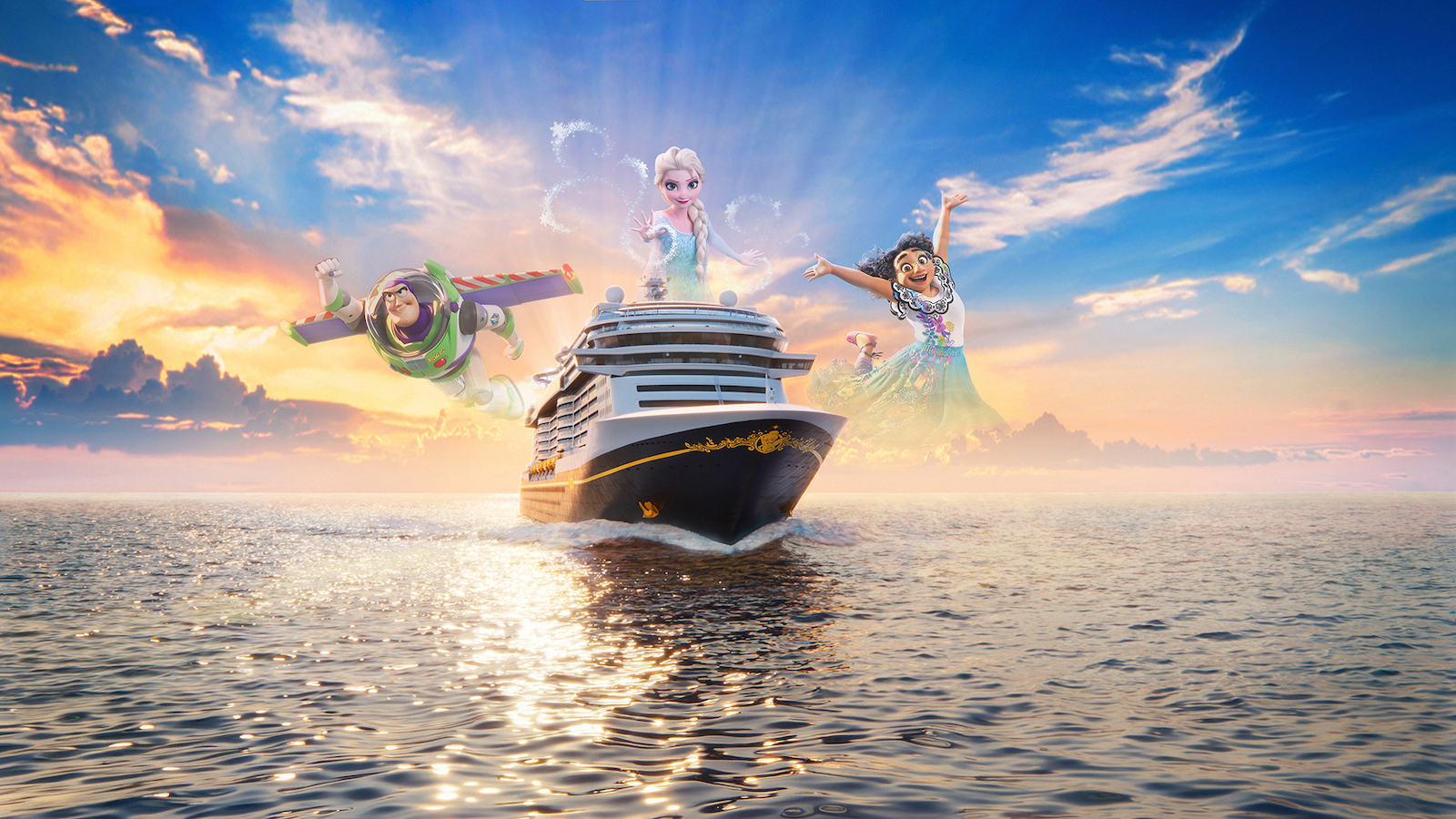 Buzz Lightyear, Elsa, and Mirabel in the sky over a Disney cruise ship on the ocean