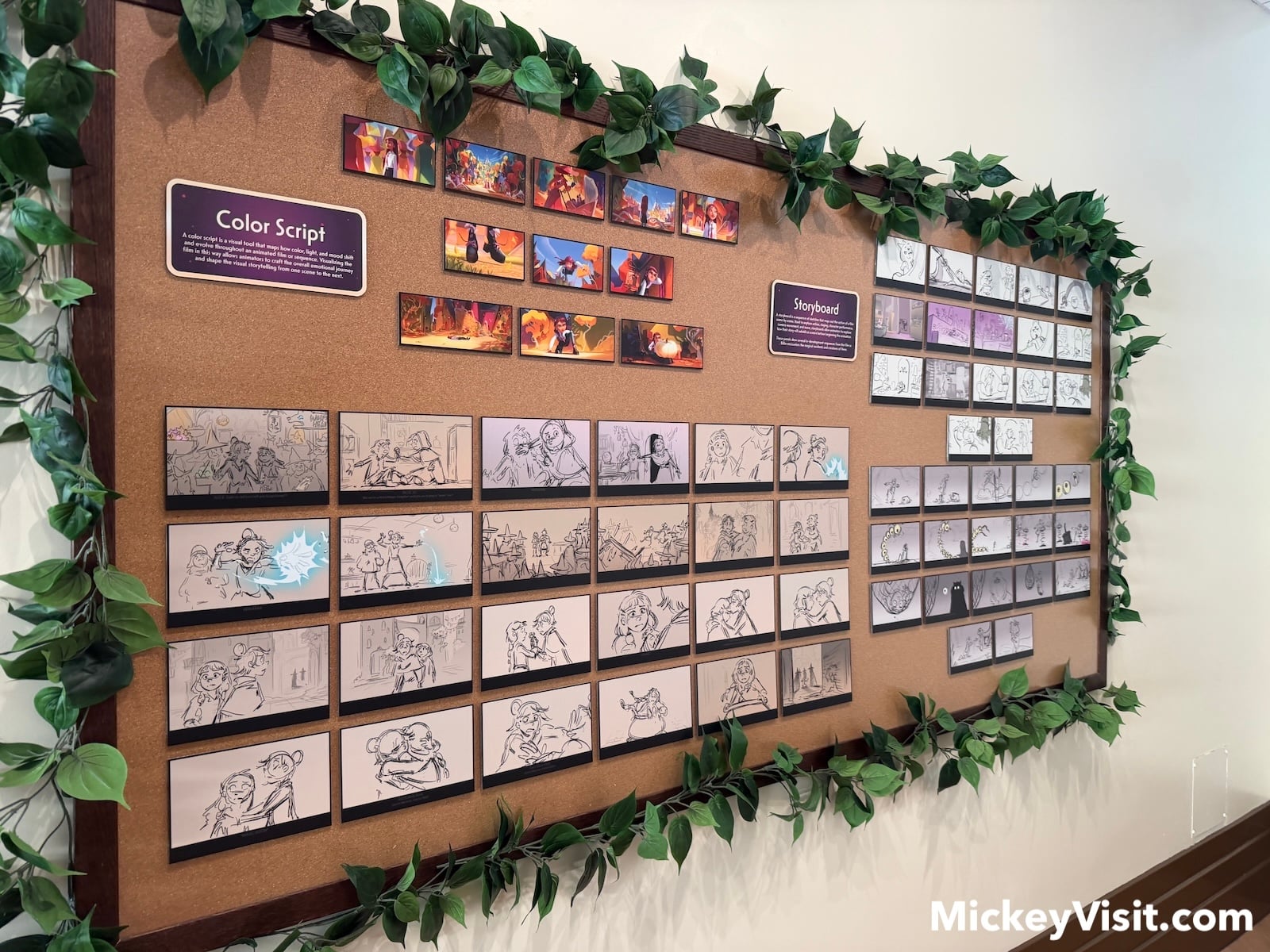 Animation storyboards for the movie Hexed on a bulletin board
