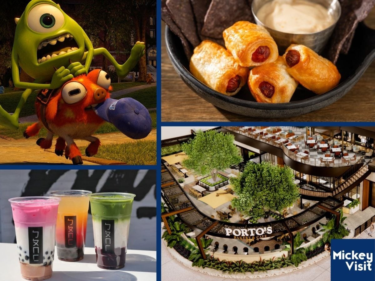 Mike Wazowski on a pig, mini corn dogs, restaurant building concept art, bubble tea