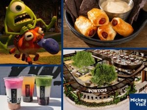 Mike Wazowski on a pig, mini corn dogs, restaurant building concept art, bubble tea
