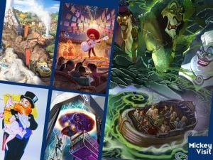 Concept art for Cars, Coco, Villains, Avengers, and Figment rides