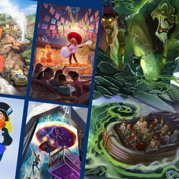 Concept art for Cars, Coco, Villains, Avengers, and Figment rides