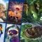 Concept art for Cars, Coco, Villains, Avengers, and Figment rides