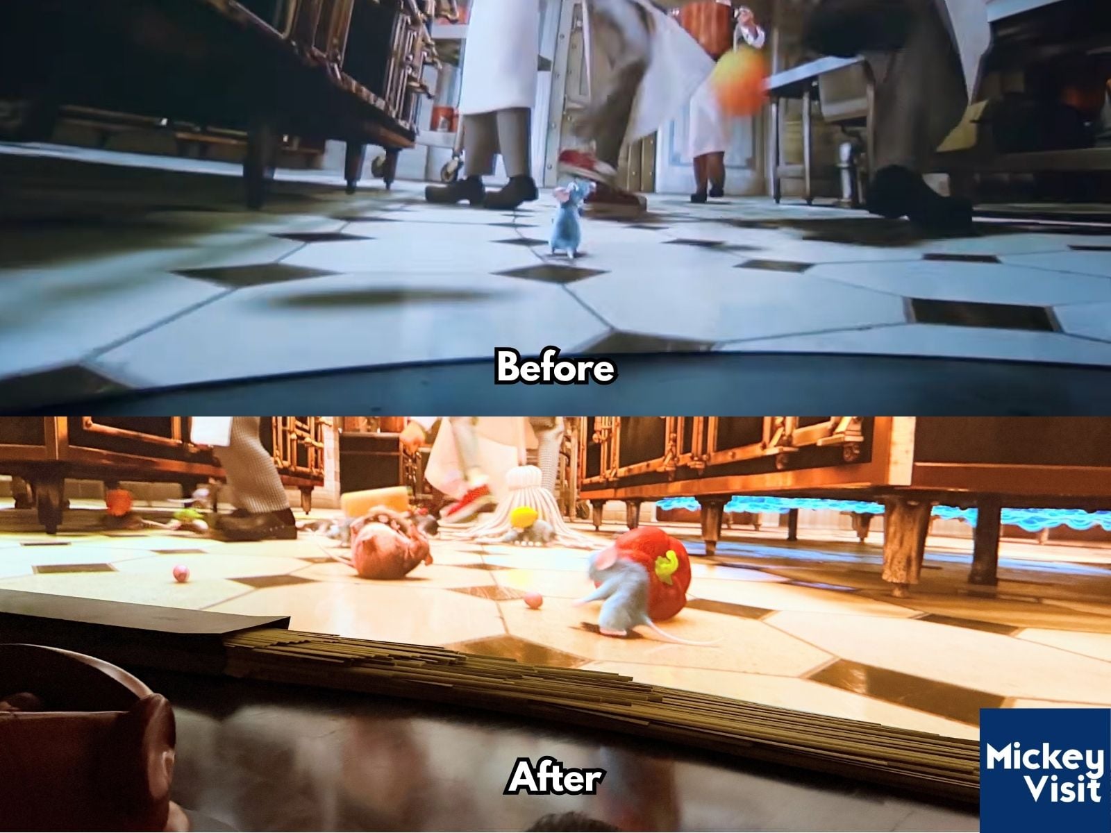 Large screens with and without huge kitchen props in front of them