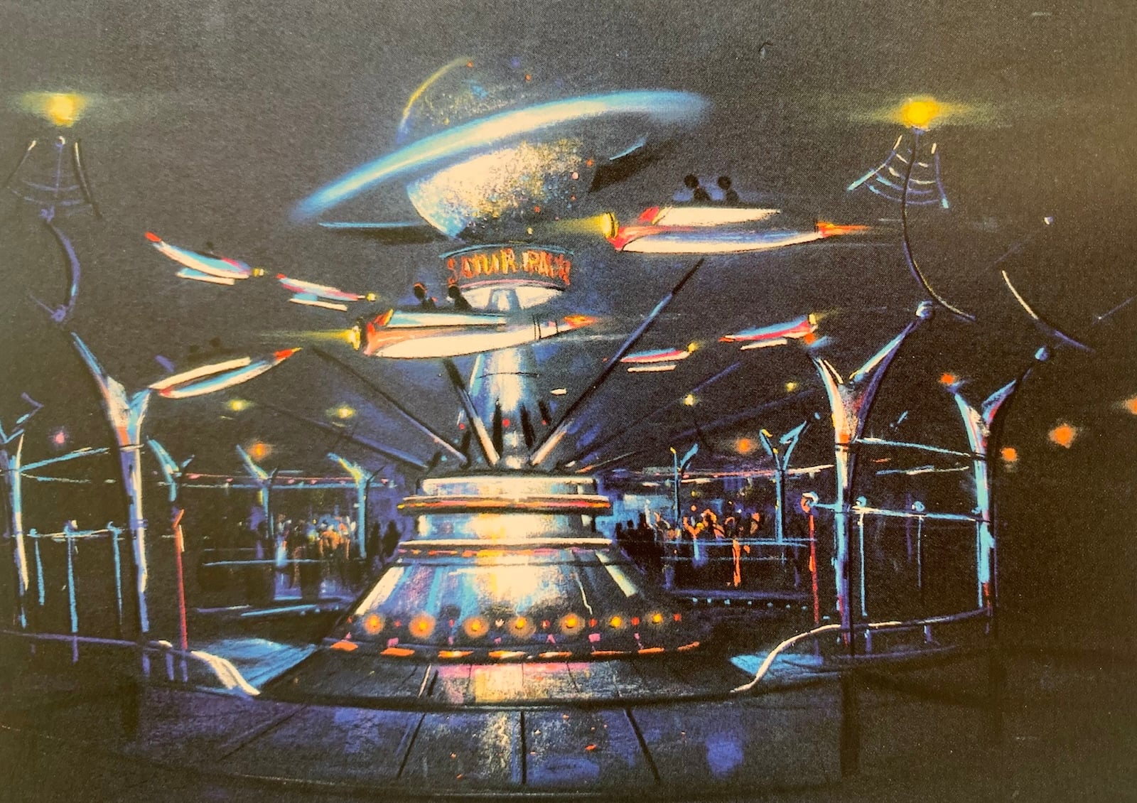 Drawing of rocket ship ride flying around Saturn