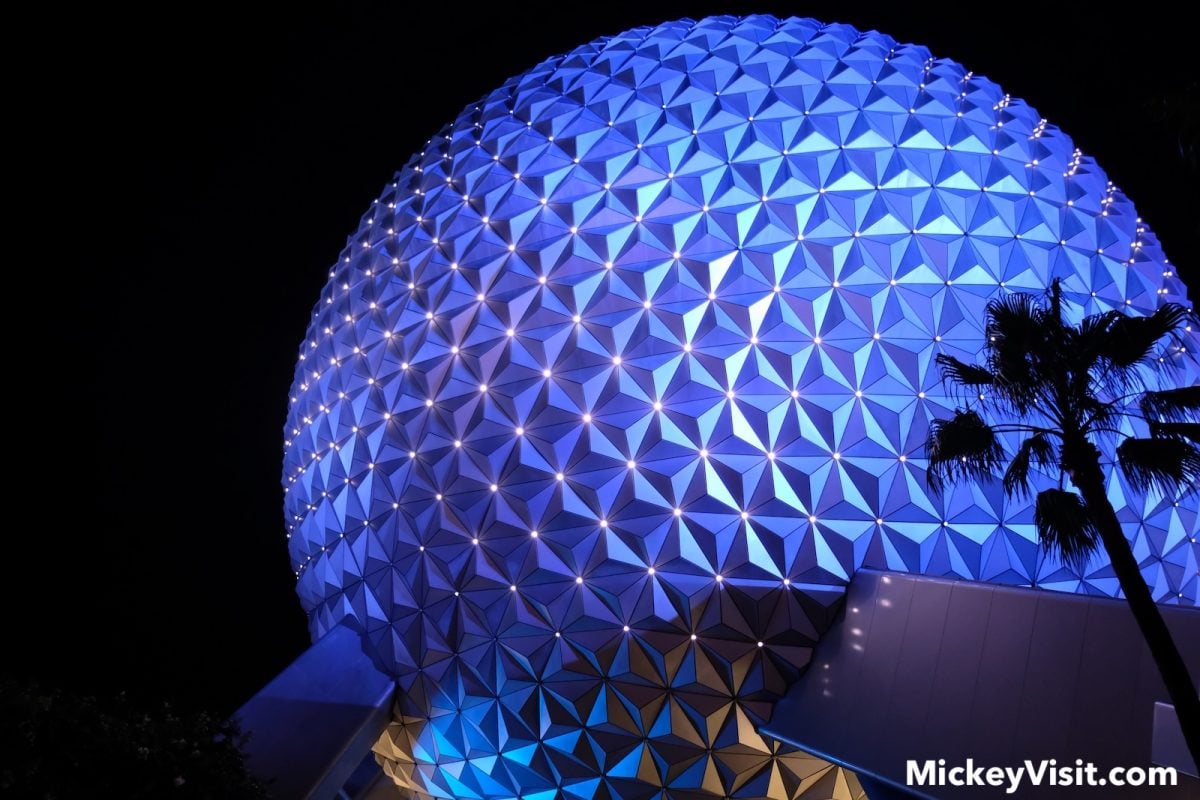 Spaceship Earth at night in blue lighting