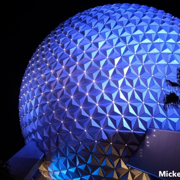 Spaceship Earth at night in blue lighting