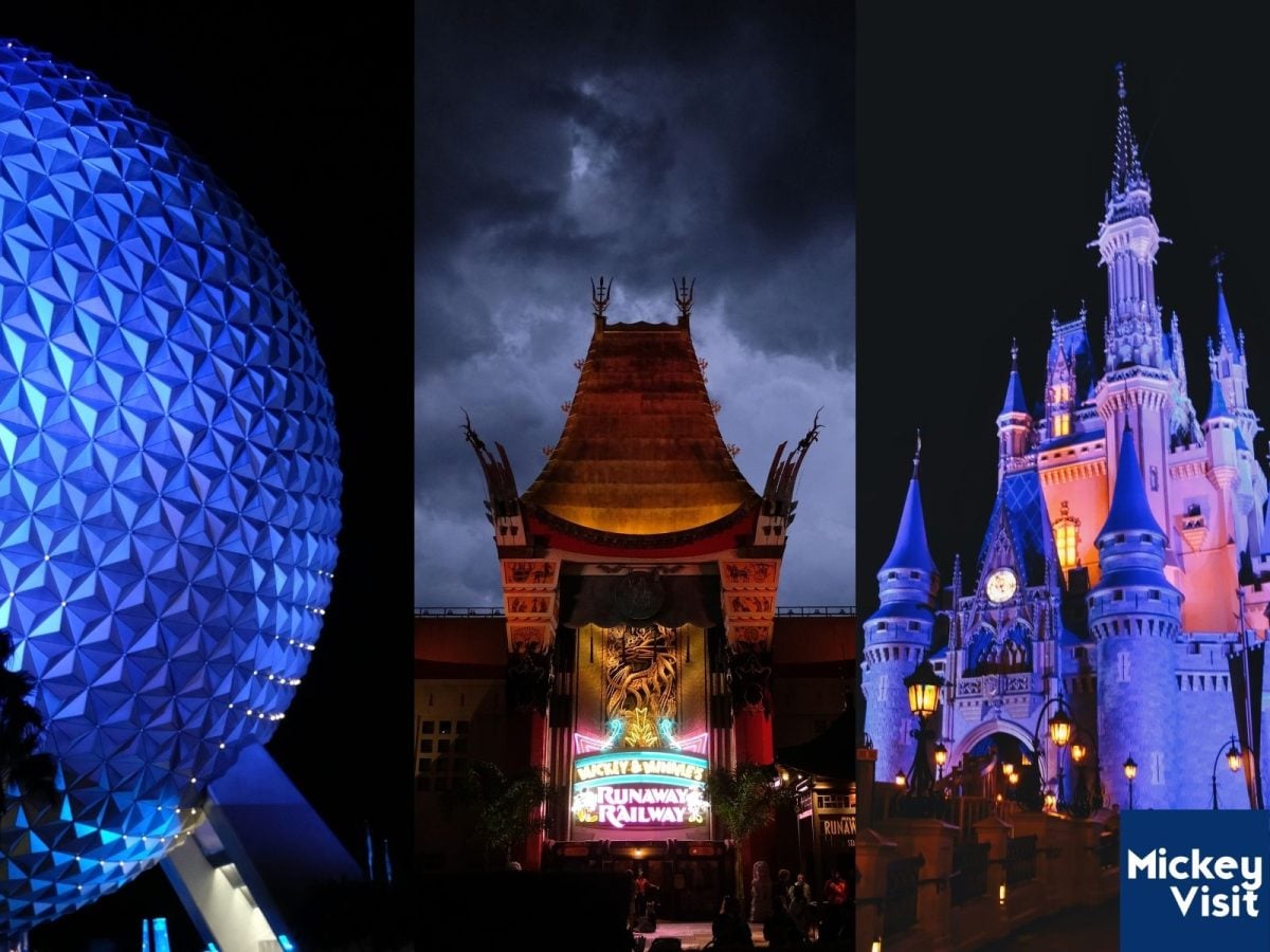 Spaceship Earth, Chinese Theatre façade, and Cinderella Castle at night