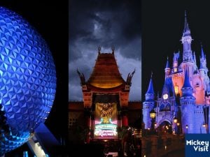 Spaceship Earth, Chinese Theatre façade, and Cinderella Castle at night