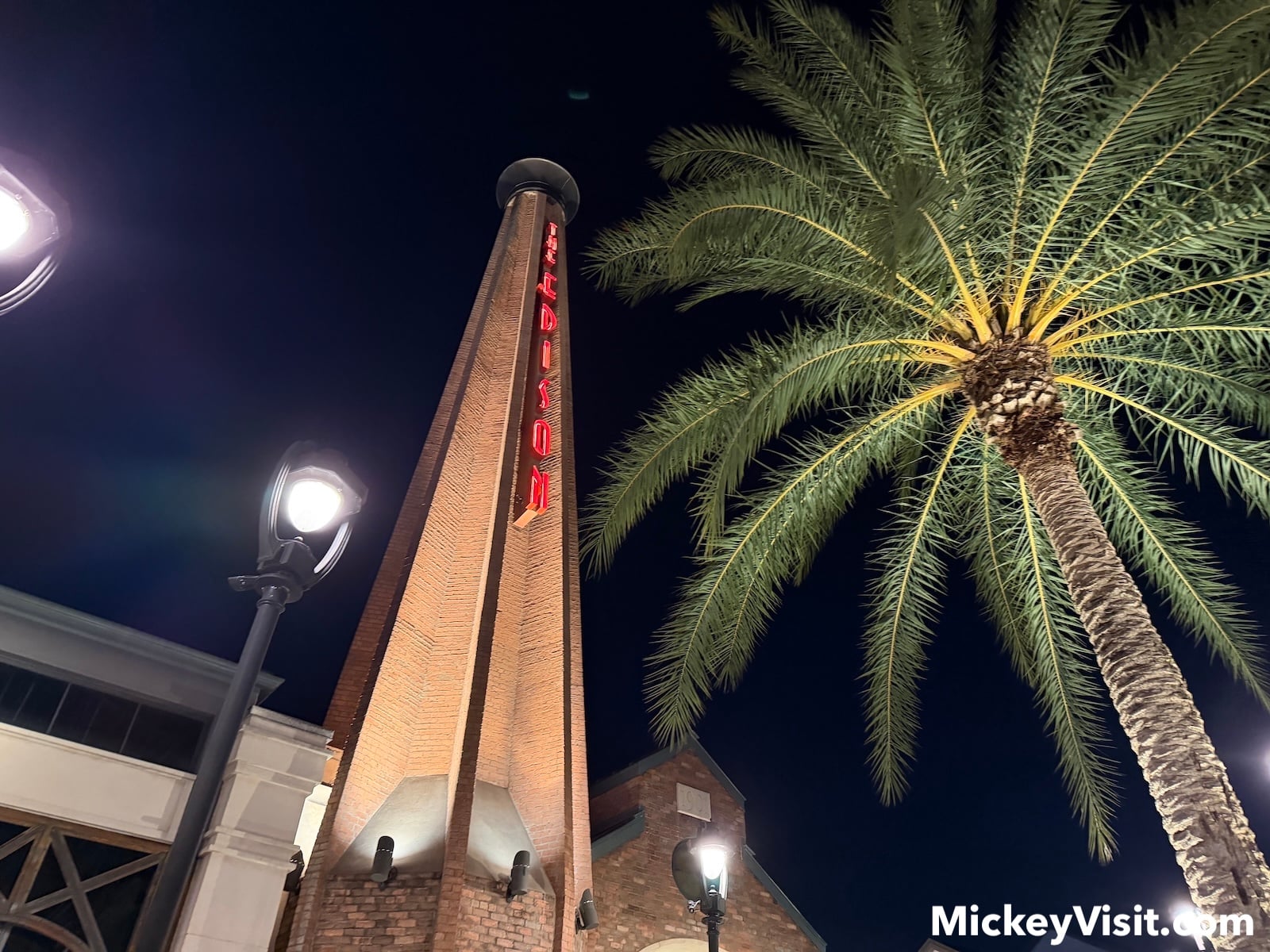 Pointy brick tower at The Edison restaurant entrance