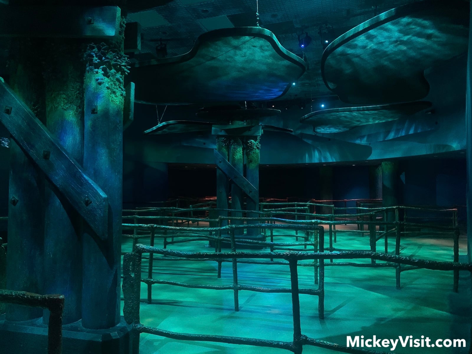 Empty ride queue resembling underwater