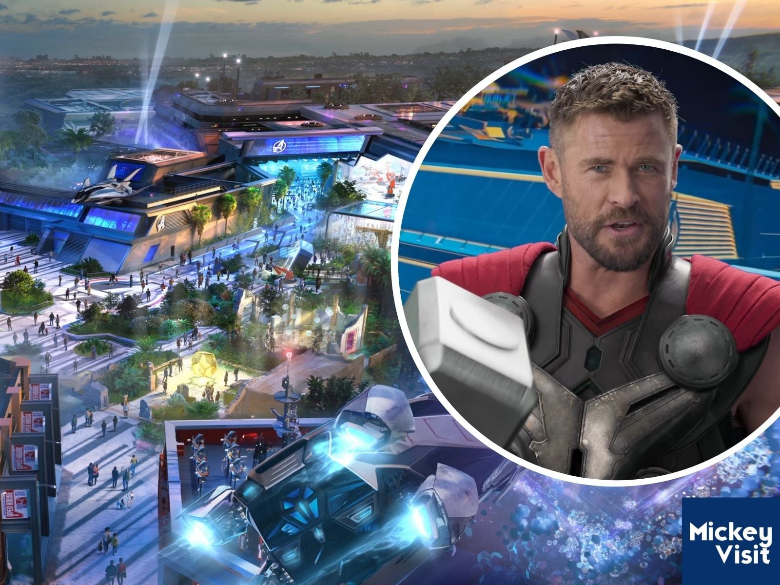 Chris Hemsworth as Thor, aerial illustration of Avengers Campus