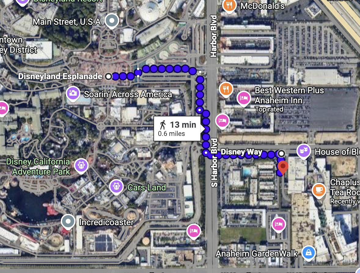 Aerial map of walk from Anaheim GardenWalk to Disneyland